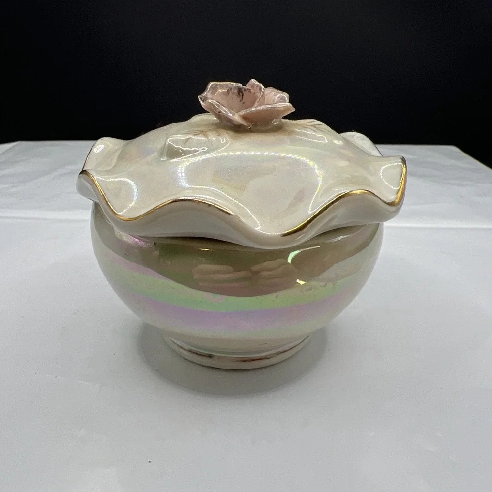 Vintage Iridescent Porcelain Trinket Box Applied Rose Lusterware Jewelry Dish